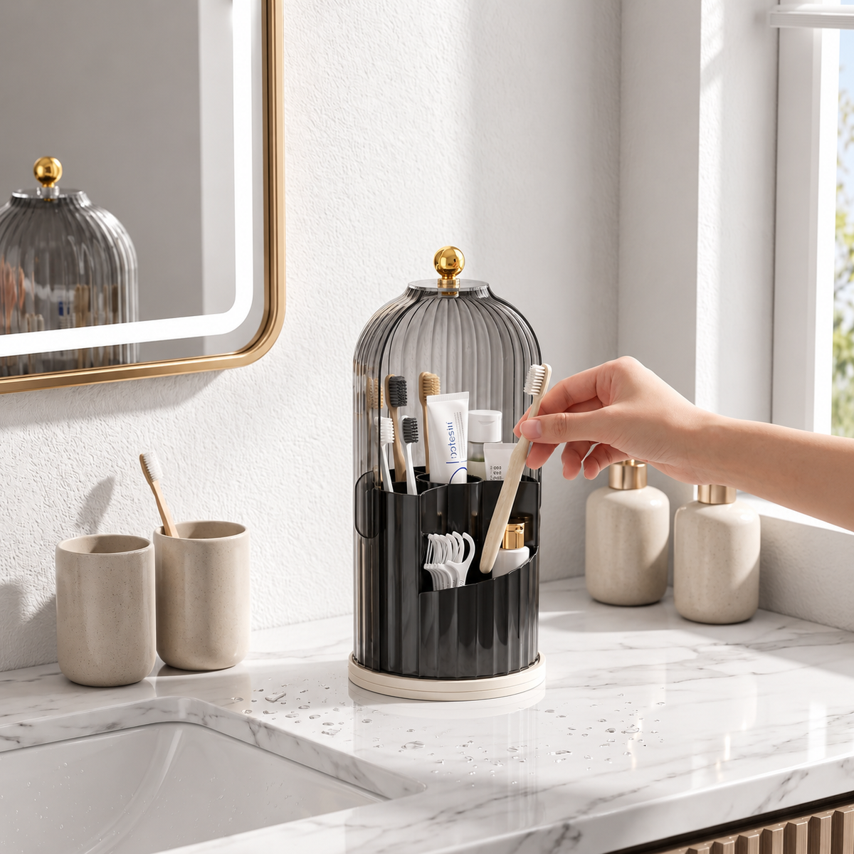 Rotating Toothbrush & Bathroom Essentials Organizer with Dustproof Clear Cover