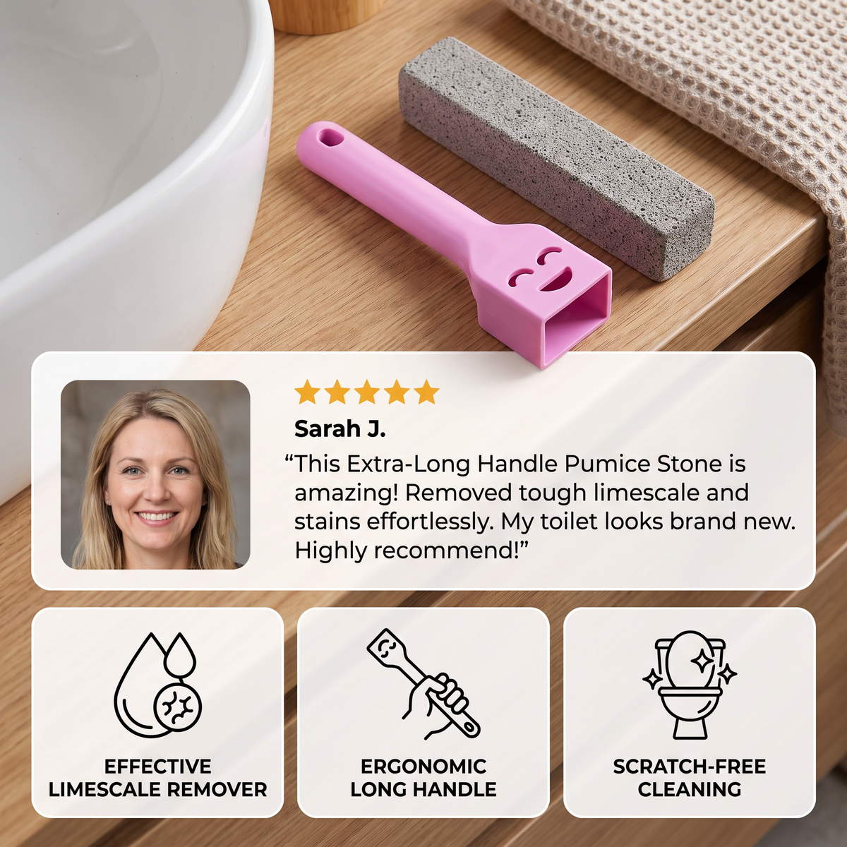 Extra-Long Handle Pumice Stone Toilet Cleaner for Limescale & Stubborn Stains